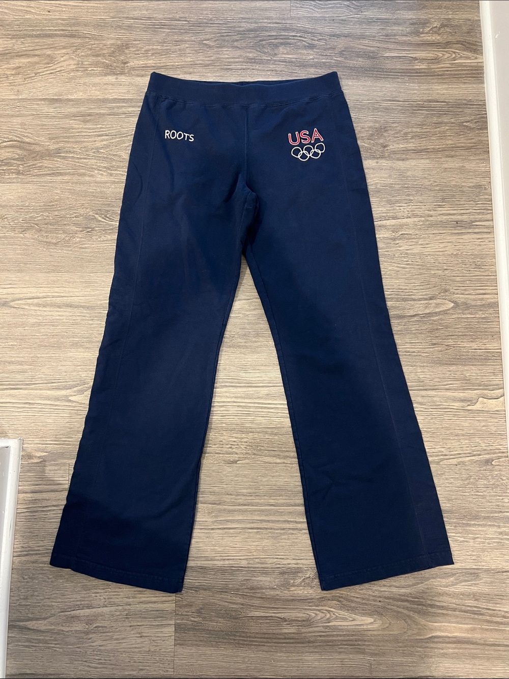 Roots 2004 Womens Navy Yoga Sweatpants with USA Olympic Logo Size Large